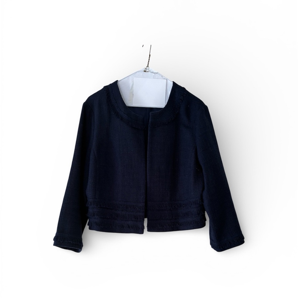 Karl Lagerfeld Paris Corpcore Professional Navy Cropped Fringe Blazer - Picture 3 of 7